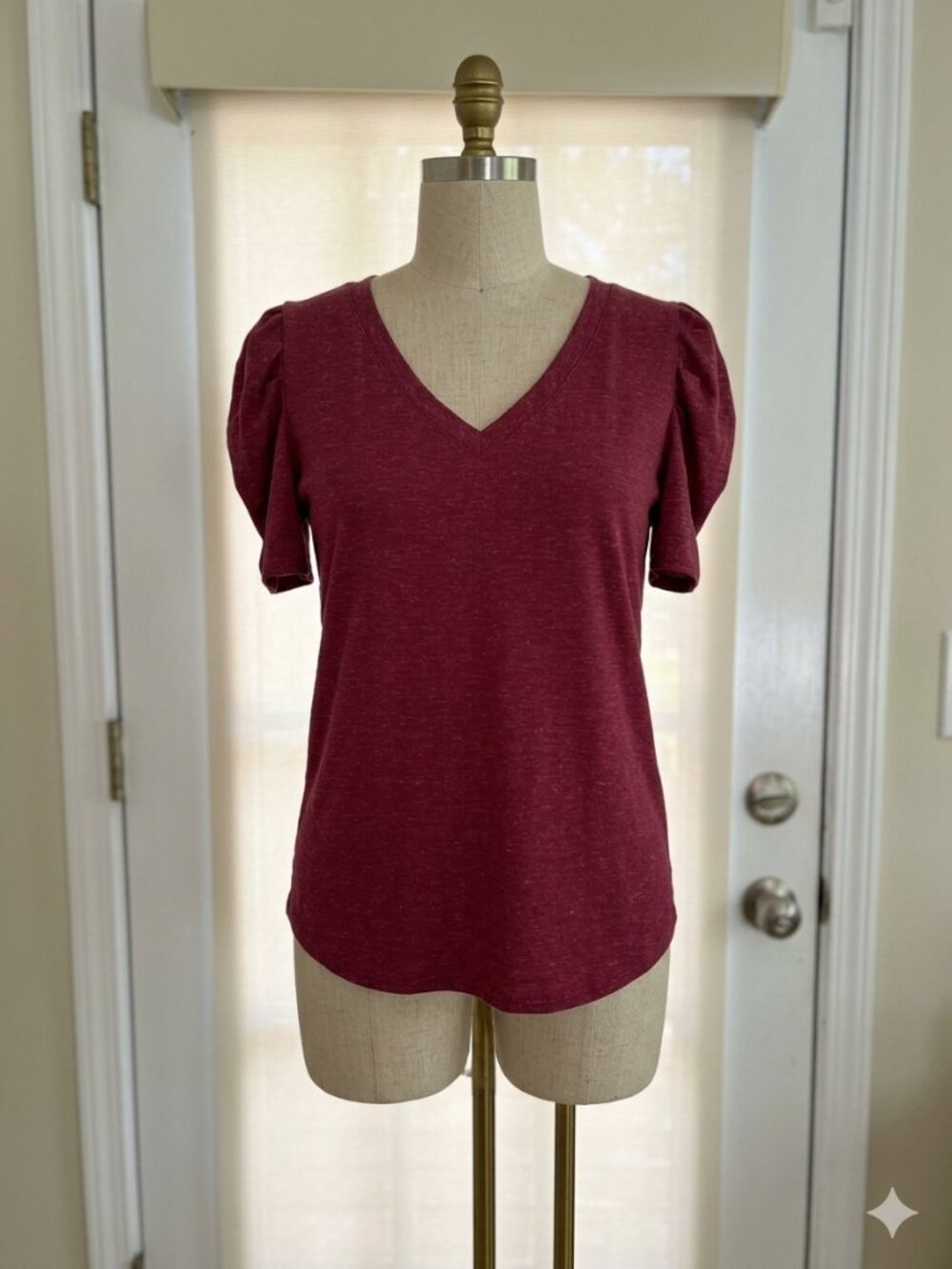 Pleated Puff Sleeve V-Neck Shirt